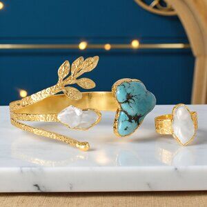 🆕️Boho Artisan Jewelry Set 18K Gold Plated Genuine Turquoise Baroque‎ Pearls